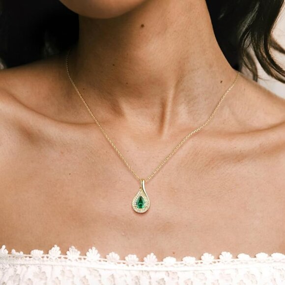 LEONIDS 14K Gold Necklace 1CT Pear Lab-Grown Emerald Teardrop NWT - Picture 5 of 7
